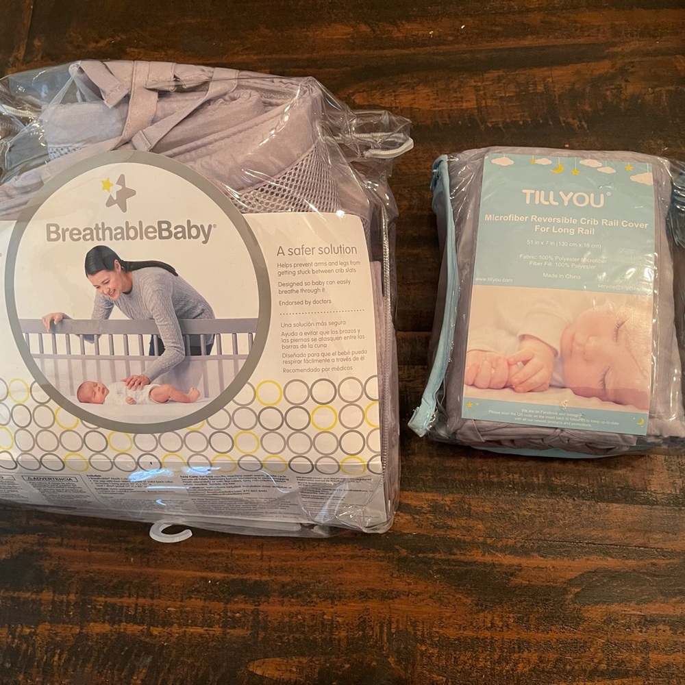 Breathable mesh crib liner and microfiber reversible crib rail cover, light grey